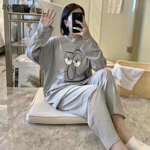 Pajama Sets Women Autumn Simple Print Cute Boyfriend Couples Oversize 2 Pieces Home Wear Harajuku Long Sleeves Popular Chic New