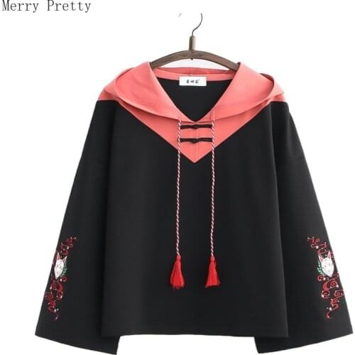 Japanese Harakuju Embroidery Cotton Hooded Sweatshirt Women 2021 Summer New Vintage Hoodies Korean Female Basic Pullover Top