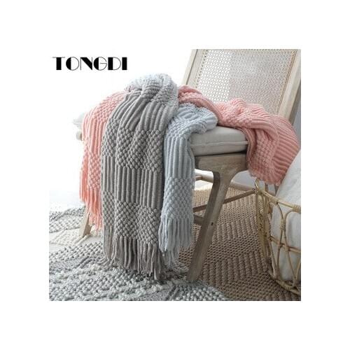 TONGDI Soft Warm Popular Fashionable Lace Fringed Knitting Wool Blanket Pretty Gift For Girl All Season Handmade Sleeping Bag
