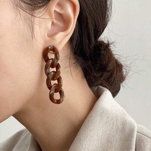 Vintage Simple Link Chain Resin Earrings for Women Brown Arcylic Chunky Cuban Linked Chain Long Dangle Earrings Retro Jewelry