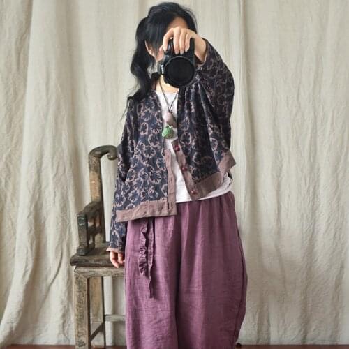 Women Loose Patchwork Printed Linen Jackets Ladies Vintage Flax Jacket Coat Outerwear Ladies Short Coat 2021