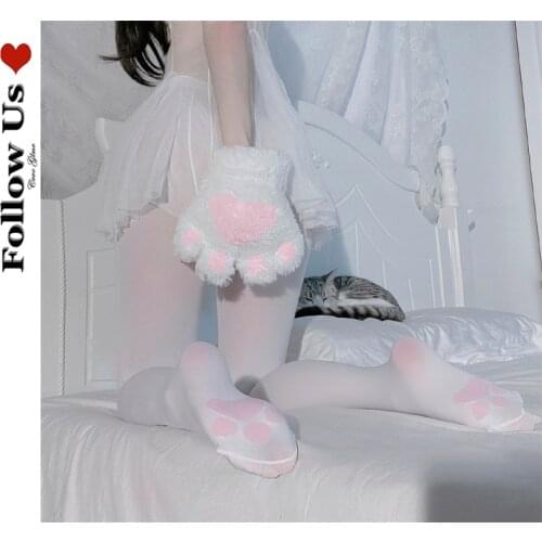 Lolita White Soft Velvet Tights Women Cat Foot Pattern Breathable Thigh High Stockings Comfortable Over Knee Stocking Pantyhose