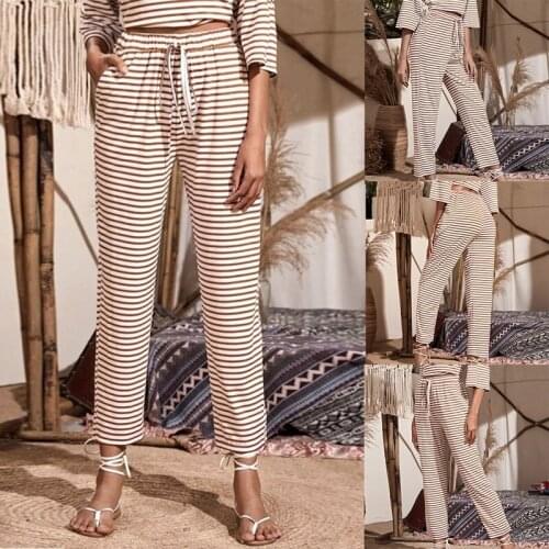 Womens Comfortable Striped Printed Drawstring Wide Leg Casual Pants