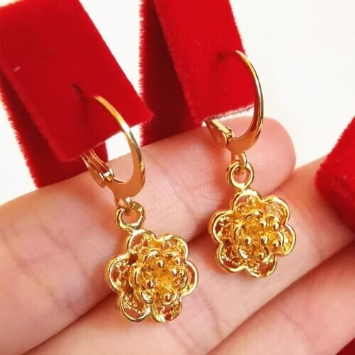 African Gold Earrings For Women 24K Gold Filled Flower Drop Earing Set 2020 New Brincos Female Statement Jewelry Pendientes
