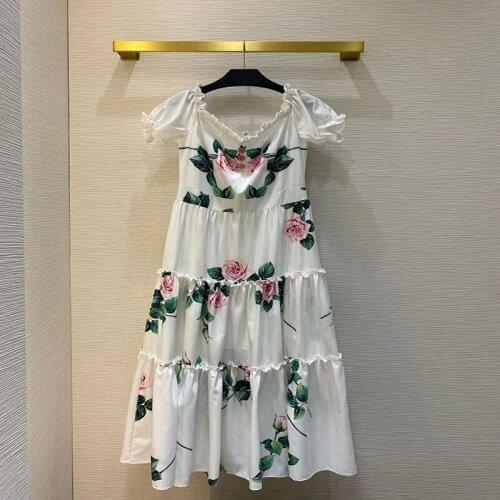 New 2021 Women Summer Fashion Runway A-Line Dress Short Sleeve Square Collar Floral Print Ladies Midi White Dress