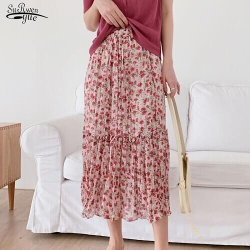 High-Waist A- Line Dress Floral Chiffon Skirts Women Elastic Korean Style Pleated Chic Elegant Long Skirt 2021 Jupe Femme 9192