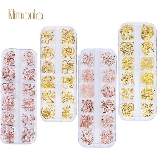 1 Bottle 12 Designs Rose Gold Nail Rivets 3D Rhinestone Nail Art Decoration Hollow Metal Frame Nail Decals Manicure Accessories
