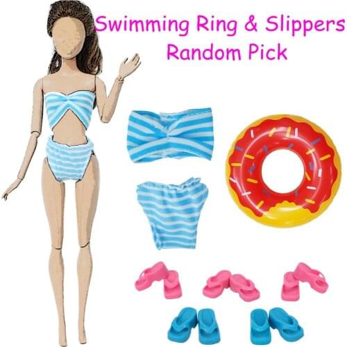 7 Pcs/Set Doll Swimwear Beach Bathing Suit With Random Slippers Shoes & Swimming Ring Accessories Clothes for Barbie Doll Toy