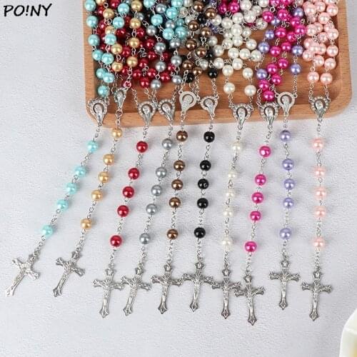 8mm Colorful Polymer Clay Bead Rosary Pendant Necklace Alloy Cross Virgin Mary Centrepieces Christian Catholic Religious Jewelry