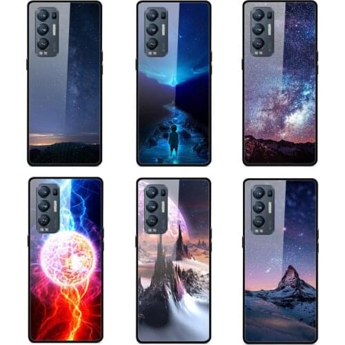 Case OPPO Reno 5 Pro+ Phone Case Back Cover Black Silicone Bumper With Tempered Glass Star Sky Pattern