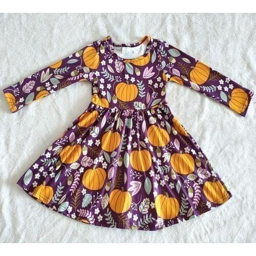 Wholesale kids long sleeve dress girl halloween frocks cute girl pumpkin and flowers pattern dresses