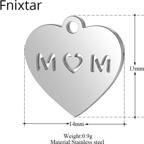Fnixtar 50pcs/lot 316L Stainless Steel Mom Letter Mini Pendants Handmade Charms For Women Jewelry DIY 13*14mm Mothers Day Gifts