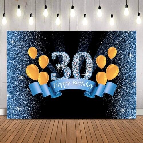 Glitter Blue Birthday Backdrop 30th Adult Party Banner Decoration Thirty Blue Banner Shining Dots Photocall