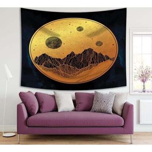 Tapestry Mountains and Night Sky Stars Moon Planets in Circle Shape Surrealistic Artwork Printed Yellow Black Blue