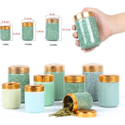 Mini Tea Ceramic Storage Jars Celadon Metal Lid Sealed Cylindrical Container for Storing Tea, Grains, Dry Goods, Candy, Etc