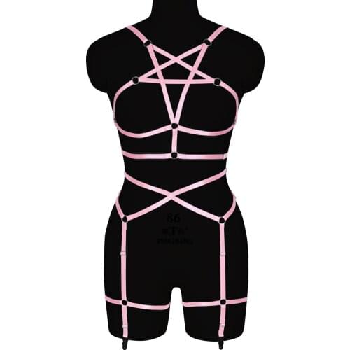 Pink Pentagram Set Harness For Womenm Top Crops Bondage Chest Punk Carnival Fetish Bdsm Erotic Lingerie Adjust Waist Suspender