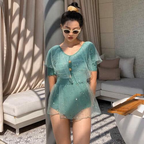 Korean One-Piece Bikini New Triangle Hot Spring Chiffon Sunscreen Sequins Embellished High Waist Small Fresh Swimsuit For Women