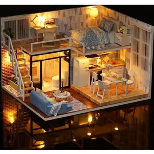 Mini Doll House Casa Free Dust Cover DIY Wooden Doll House Miniatures Kit Dollhouse Furniture Accessories Toys for Children Gift