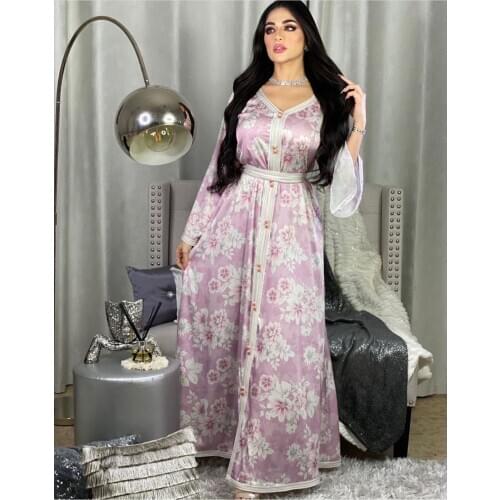 Muslim Women Satin Dubai Abaya Dress Jalabiya Floral Musulman Islamic Clothing Middle East Moroccan Kaftan Arabic Turkey Robe