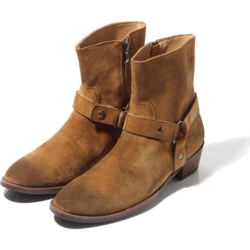 New Design Fashion Mens Boots Brown Leather Ankle Boots Suede Buckle Autumn Boots Men Botas Motorcycle/Biking Footwear, 38-44