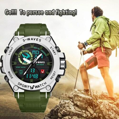Swaves brand mens dual display electronic sports leisure watch 30m waterproof luminous multi-function