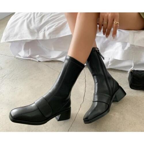 New Short Mid-calf Boots Woman Black Brown Thick Heel Square Toe Martin Boots British Style Mid-tube Leather Boots Drop Shipping