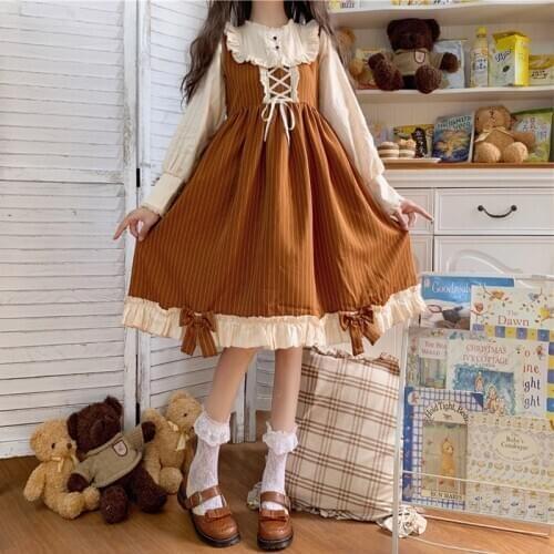 Japanese Lolita Lolita Sweet Bow Long Sleeve High Waist Dress Women kawaii clothing fairy kei lolita clothes lolita dress