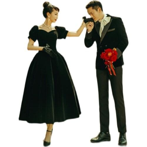 Temperament Black Travel Photography Dress Simple Forest Velvet Black Dress 760