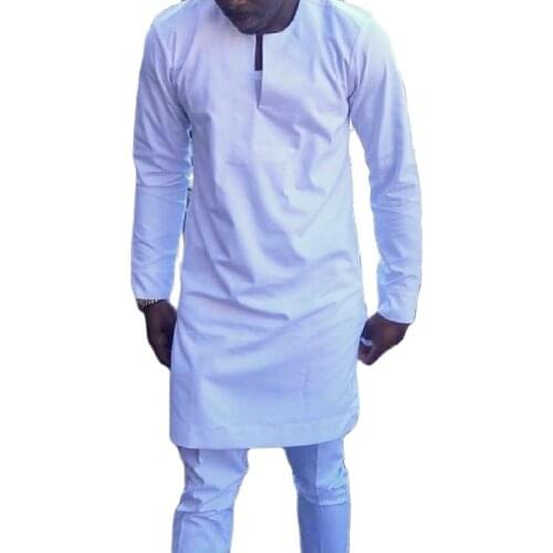 African clothes Men Shirts Patch Pants Fashion Solid White Tops+Trousers Custom Made Mens Outfits African Pant Set Party Suit
