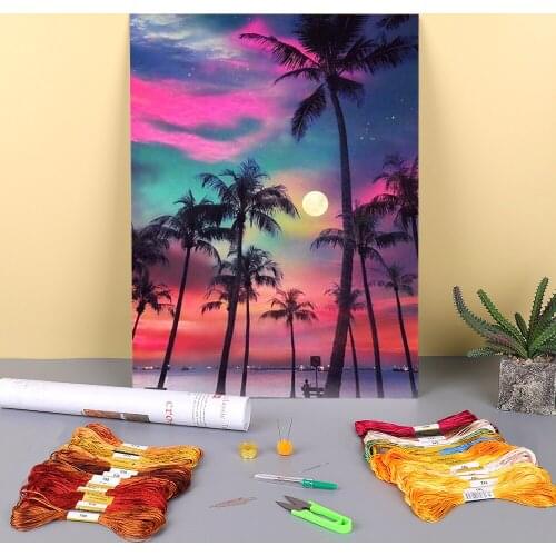 Landscape Seaside Printed Fabric 11CT Cross Stitch Patterns Embroidery DMC Threads Needlework Handiwork Knitting Sewing Magic