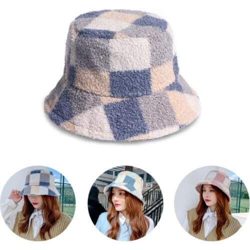 Women Men Winter Warm Fuzzy Plush Bucket Hat Sweet Color Block Plaid Printed Wide Brim Sunscreen Harajuku Fisherman Cap