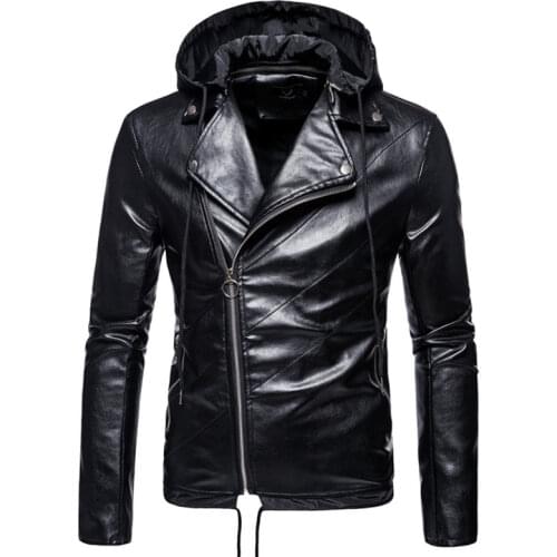 M-5XL Autumn Motorcycle Leather Jacket Large Size Mens Detachable Hat PU Leather Jacket Coat Zipper Slim Faux Leather Jacket