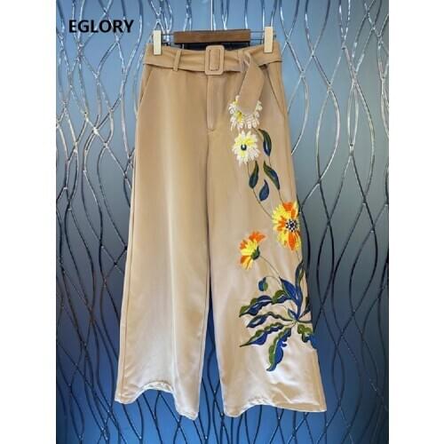 2020 Autumn Winter Fashion Pants High Quality Women Floral Embroidery Belt Patchwork Wide Leg Casual Apricot Black Pants Female