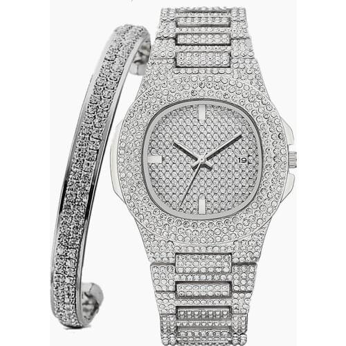 Iced Out Watch + Bangle for Women Bling Miami Bracelet Iced Out Watches Women Hip Hop Watch Luxury Gold Watch Set Women Jewelry