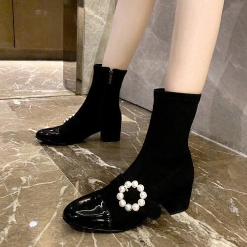 Comemore Womens Ankle Boots Pearl Shoes Woman Female Zipper Mid Heel Flower Pu Pointed Toe Comfort Ladies Shoe Elegant Women 41