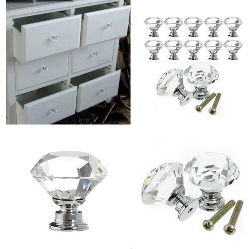 10 Pcs/1pack 30mm Crystal Knobs Crystal Diamond Shape Glass Drawer Cabinet Knob Pull Handle Kitchen Door Wardrobe Hardware