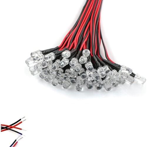 100Pcs 3V 5V 6V 9V 12V 24V 36V 48V 110V 220V Clear 5mm LED With 20cm Red&Black Wire Light=Warm White, Orange, Pink, Purple