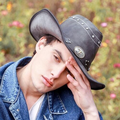 100% Leather Men Western Fedora Hat For Dad Gentleman Sombrero Hombre Jazz Cow Hat Size 58CM