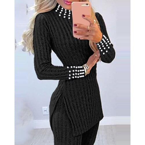 2020 Winter Autumn Women Casual Knit Beaded Side Slit Long Sleeve Sweater & Pants Set Pullover Crop Femme Sexy Outfit 2021 New