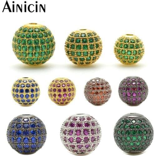 5pcs High Quality Rhinestone Crystal Setting DIY 8~14mm Micro Pave Cubic Zircon Round Shape Spacer Beads for Jewelry Making