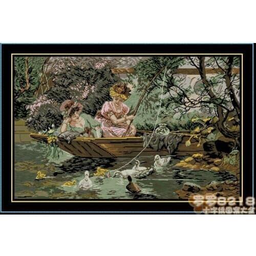 FREE delivery Top Quality lovely counted cross stitch kit fishing, girls sisters fishing in the boat duck