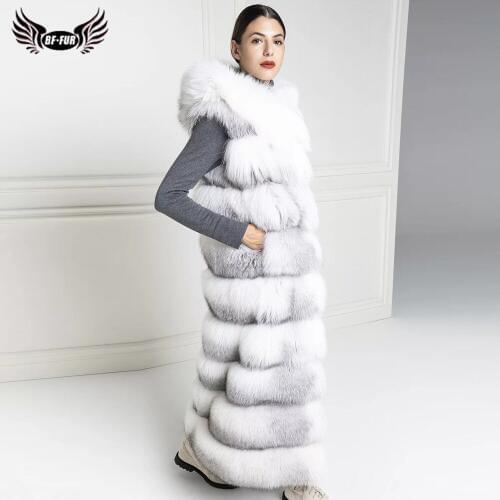BFFUR Luxury Women Real Fox Fur Vest With Hood Winter Warm Overcoats Full Pelt Cross Fox Fur Jackets 130cm Long Natural Coats