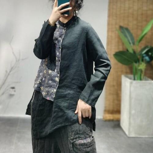 Women Loose Spring Autumn Patchwork Linen Shirt Blouse Tops Ladies Vintage Irregular Length Shirt Blouse Female Flax Tops