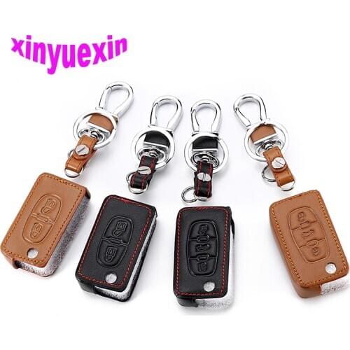 Xinyuexin Leather Car Key Cover FOB Case For Peugeot 208 207 3008 308 408 407 307 206 Flip Remote Car Key Jacket With Keychain