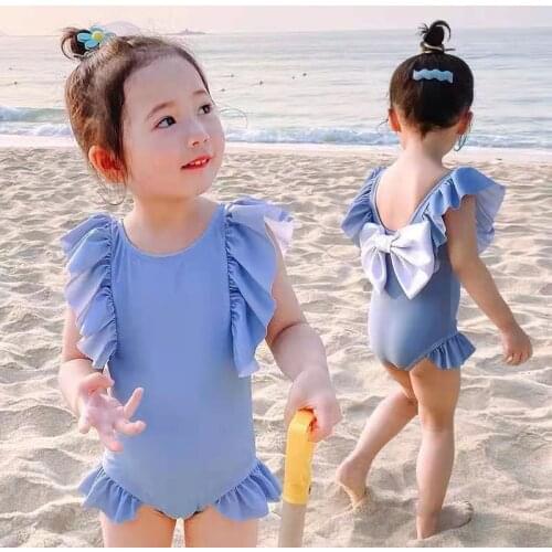 Kids Swimwear for Girls One-Piece Swimsuit 2021 New Cute Bow Ruffled Beach Swimming Vacation Baby Korean Swim Wear Pink Blue