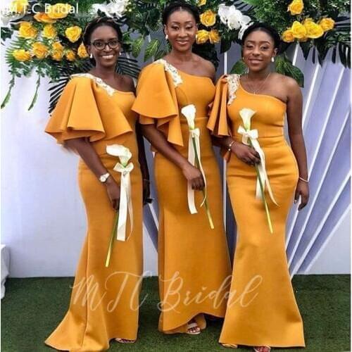 Golden One Shoulder African Bridesmaid Dresses With White Lace Half Sleeve Mermaid Satin Long Wedding Party Dress Plus Size