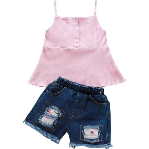Toddler Infant Girls Outfits Summer Sleeveless Tops and Denim Shorts 2 Pcs Set Baby Girls Casual Clothing Set for Kids Girls D30