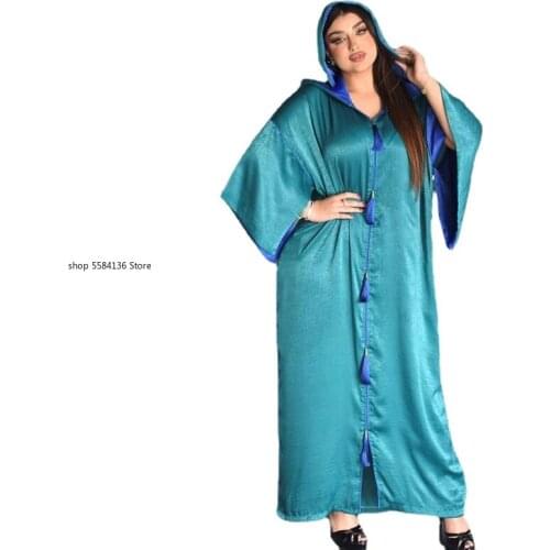 Hooded Robe Hijab Dress Abaya Muslim Women Fashion Jalabiya Reglan Sleeve Tassel Morrocco Kaftan Djellaba Dubai Islam Blue Green