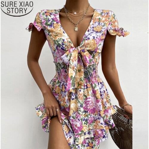 Bow Dress Short Sleeve Mini Dresses 2021 Summer New Floral Print Dress Beach Style Sweet Ruffled V-neck Vestido Feminino 15153
