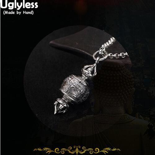 Uglyless Real 925 Sterling Thai Silver Tibetan Prayer Wheel Pendant without Chain Men Retro Buddhism Vajra Jewelry Mantra Bijoux